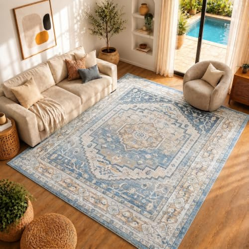 Livabliss Sitra Machine Washable Rug - Vintage Area Rugs Living Room, Large Rug 120x170 cm - Traditional Boho Style, Dining Room, Kitchen, Outdoor, Hallway - Blue, Beige, Ivory and Grey