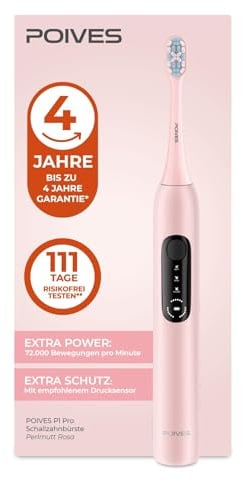 Schallzahnbürste POIVES P1 Pro - Elektrische Zahnbürste mit Drucksensor und 72.000 Bewegungen, bis zu 4 Jahre Garantie, 111 Tage Risikofrei testen, lange Akkulaufzeit, Perlmutt Rosa