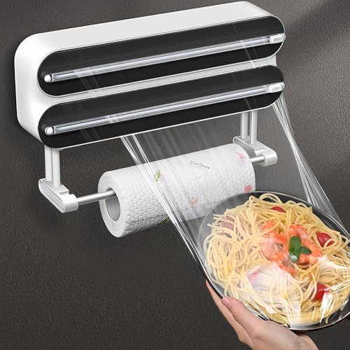 3 in 1 Frischhaltefolienspender mit Küchenrollenhalterung, Wandrollenhalter Küche, Folienspender mit Cutter, Magnetischer Frischhaltefolienspender, Alufolienspender und Frischhalte, Küchenrollenhalter