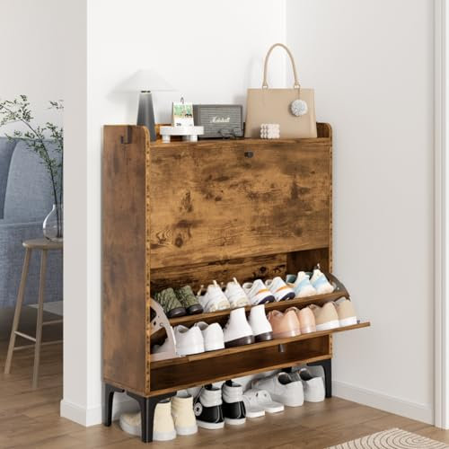 Dripex 2 Drawer Shoe Cabinet, Wooden Shoe Cupboard with 2 Flip Drawers, Adjustable and Removable Divider Metal Flip Stand & Support Feet, for Hallway and Entryway (Rustic Brown, 80cm width)