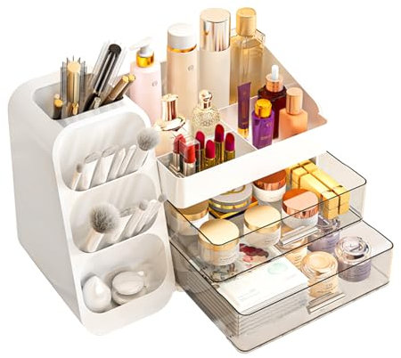 Makeup Organizer Countertop for Vanity with Brush Holder, Bathroom Vanity Organizer Skincare Cosmetic Display Case & Drawers for Beauty Essentials, Women Make up Storage Solution for Dresser Counter