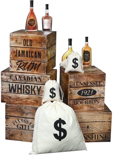 Marsui 13 Pcs Roaring 20s Party Decorations Photo Backdrop Speakeasy Decor Including 5 Wood Grain Boxes 4 Whiskey Bottle Cardboards and 4 Dollar Sacks for Retro Jazz Twenties 1920 Party