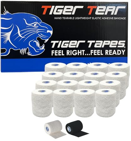 TIGERTAPES Tiger Tear EAB 16 Rolls 7.5cm x 6.9m White | Easy Tear Elastic Adhesive Bandage Sports Tape for Firm Support Strapping around Ankles, Knees and Thighs, Rugby Lifting Tape