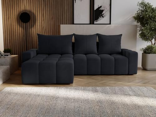 GRAINGOLD Bresso Ecksofa mit Schlaffunktion & Bettkasten 255x168 cm, L-Form Sofa mit Stauraum, Schlafcouch für Wohnzimmer, Samt Stoff, 3-Sitzer Eckcouch, Modernes Design (Schwarz)