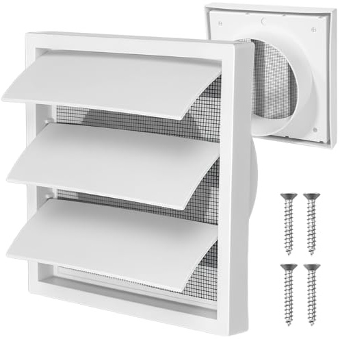 100mm External Gravity Grille Air Vent Cover, White Exhaust Vent Duct Cap | ABS Draught Shutter Covers, with Flyscreen & Screws, for Tumble Dryer Extractor Fan Bathroom Kitchen Garage