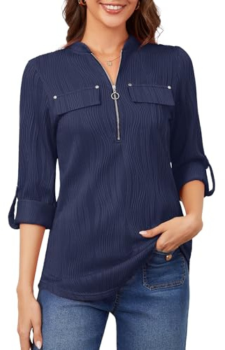 Akiooue V-Ausschnitt Bluse Damen 3/4 Arm Elegant Oberteil Langarm Tunika | Damenbluse mit Reißverschluss, Festliche Blusen, Business Oberteil, Lässig Longbluse für Frühling Sommer Herbst Büro&Freizeit