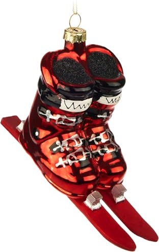 BRUBAKER Skischuhe Rot mit Kurzen Skiern - Handbemalte Ski Weihnachtskugel aus Glas - Skiskates, Snowblades, Kurzski - Christbaumschmuck Figur - lustig Deko Anhänger Baumkugel - 13 cm