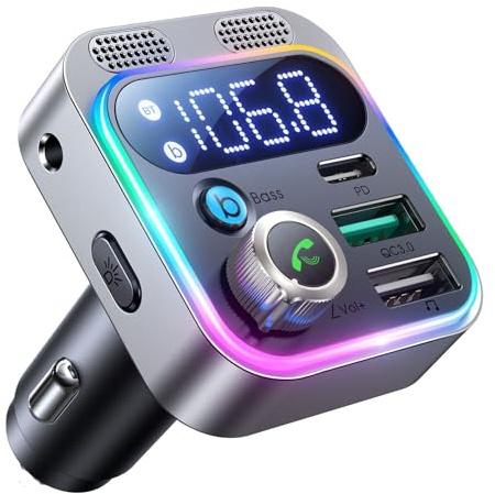 AINAH Bluetooth FM Transmitter for Car with Fast Charge, 48W PD 30W QC 3.0 18W, LED Display, Deep Bass Hi-Fi Stereo Audio, MP3 Player, Colorful RGB Lighting