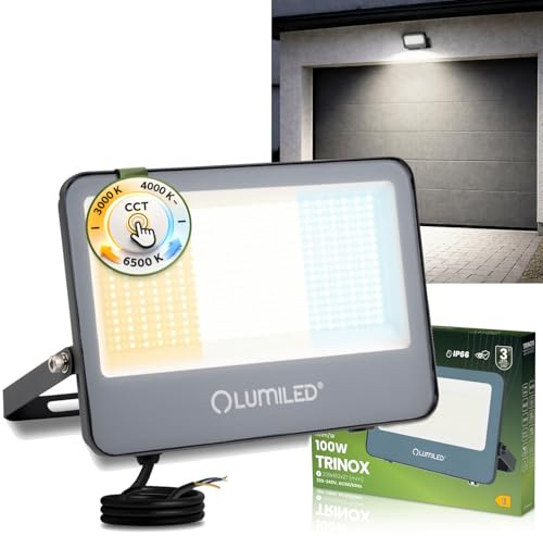 Lumiled LED Strahler Außen 100W 11000lm CCT 3000K 4000K 6500K IP66 Wasserdicht Fluter Außenstrahler Garten Garage Hof Wandstrahler Aluminium Grau