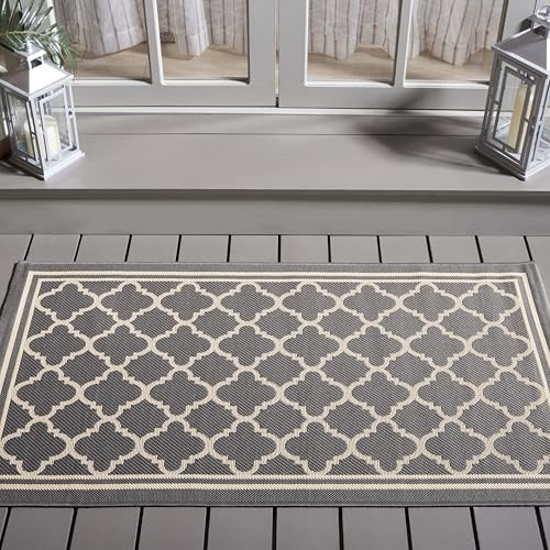 SAFAVIEH Washable Rug Outdoor Courtyard Collection - 2'7 x 5', Anthracite & Beige, Non-Shedding & Easy Cleaning, Ideal for Patio, Backyard, Mudroom (CY6918-246)