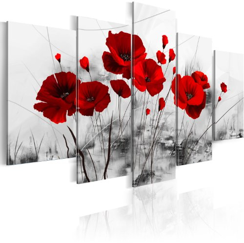B&D XXL - Wandbilder XXL Blumen 100x50cm Vlies Leinwandbild 5 tlg Kunstdruck Wandbilder Wandbild Groß Wanddekoration Leinwandbilder Wohnzimmer Wand Bild - Mohnblumen rot grau wie gemalt 0107-5