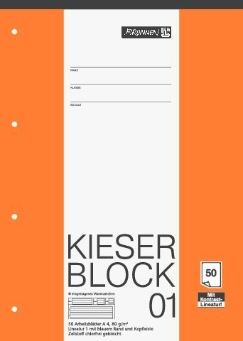 papieto Kieserblock/Schreibblock KIESER (Din A4-50 Blatt / 4-Fach gelocht) LINEATUR FREI WÄHLBAR (Lineatur 01)