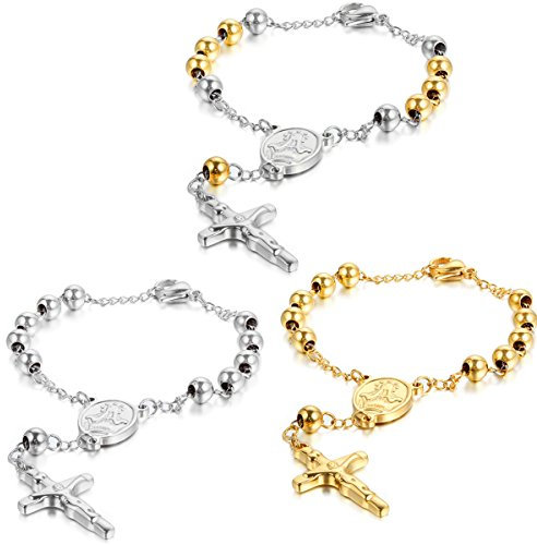 JewelryWe Rosenkranz Kreuz Armband Damen: 3pcs Edelstahl Perlen Kugelkette Armreif Armkette mit Jesus Kruzifix Anhänger Verstellbar Kettenarmband Religiöse Schmuck Geschenk für Frauen Männer