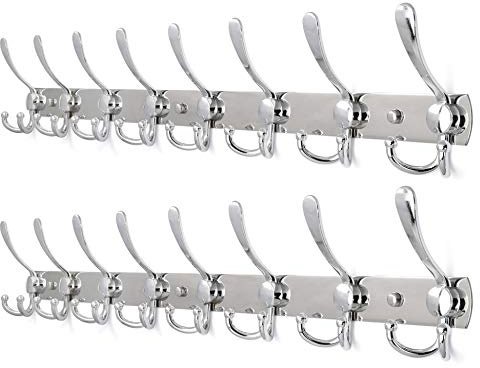 WEBI Coat Rack Wall Mounted Long,8 Tri Hooks for Hanging,75 cm Hook Rack,Hook Rail,Coat Hanger Wall Mount for Clothes,Jacket,Hats,Chrome,2 Packs