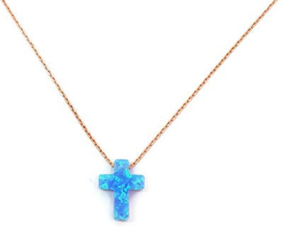 MYSTIC JEWELS 925 Sterling Silver Synthetic Opal Cross Pendant Necklace Length 40cm + 5cm Adjustable (RoseGold Plated)