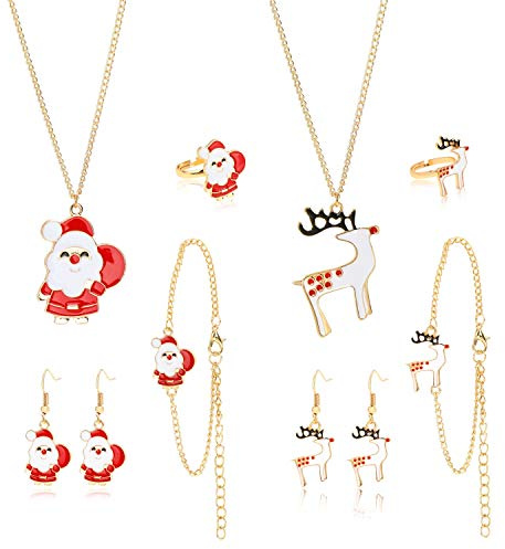 HOWAF 10er Set Weihnachten Schmuck für Mädchen: Halskette, Armbänder, Ringe, Ohrringe, Anhänger - Adventskalender Geschenk Dekoration