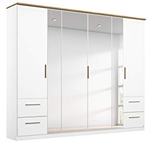Rauch Möbel Carlsson Schrank Drehtürenschrank in Weiß, Griffe/Füße Eiche Massiv, 6-türig mit Spiegel und 4 Schubladen, inkl. Zubehörpaket Basic 3 Kleiderstangen, 3 Einlegeböden, BxHxT 226x212x58 cm