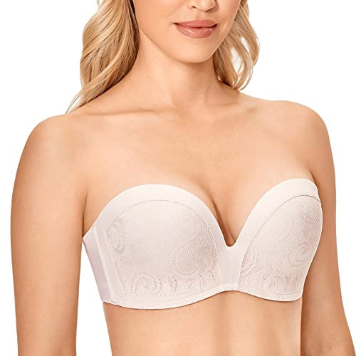 DELIMIRA Femme Soutien-Gorge sans Bretelles Anti-Glissant Bandeau Push Up Rose Blanc 95E