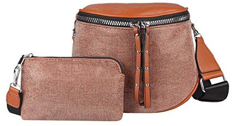 Damen Taschen Set 2in1 Schultertasche + Schmucktasche Strasssteine Umhängetasche Crossbody Crossover Leder Optik Handtasche Metallic Shopper (Cognac)