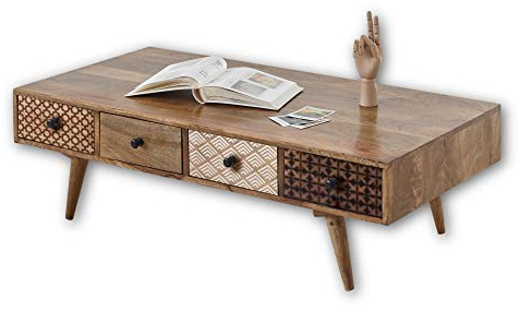 Stella Trading SHARI Vintage Couchtisch Massivholz Mango mit 8 Schubladen - hochwertiger Sofatisch mit viel Stauraum für Ihren Wohnbereich - 117 x 36 x 60 cm (B/H/T)