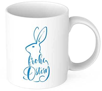 STEMPEL-FABRIK – Keramiktasse blau zweifarbig mit Aufdruck – Frohe Ostern mit Hasenmotiv – Kaffeetasse mit Spruch – bedruckte Kaffeetasse ideal geeignet für den Genuss von Kaffee und Tee