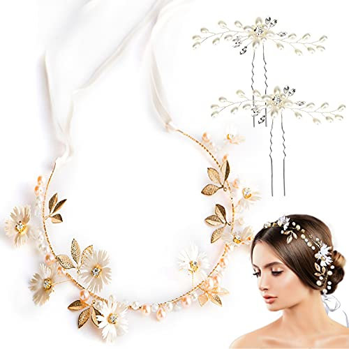 VEGCOO Bandeau Couronne de Fleurs Marguerite, Accessoire Cheveux pour Fille, Serre Tête et Pince Cheveux pour Femme, Bijoux pour Mariage/Anniversaire/Soirée