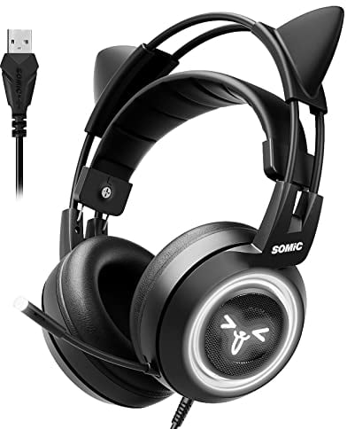 Somic Cuffie da gioco Cat con Virtual 7.1 e luce LED, suono surround, cuffie con microfono con cancellazione del rumore per computer, PS4, laptop, nero (spina USB)