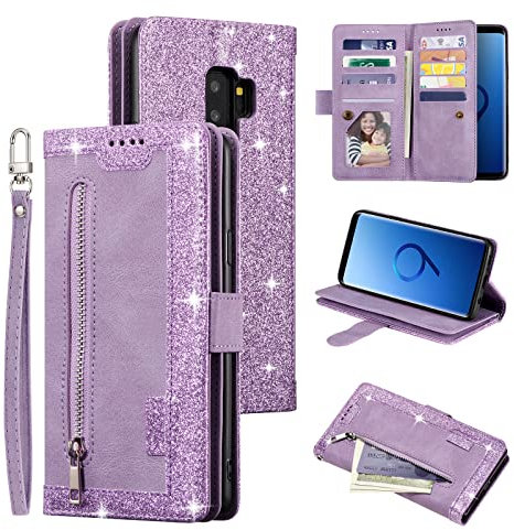 EYZUTAK Wallet Phone Case for Samsung Galaxy S9, Retro Matte 9 Card Holder Slots Zipper Pocket Case PU Leather Magnetic Closure Kickstand with Wrist Strap Shockproof Folio Flip Case - Purple