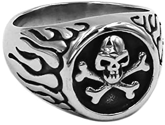 BlackAmazement 316L Edelstahl Ring Totenkopf Skull Flammen Pirat Crossbones silber schwarz Schild Biker Herren