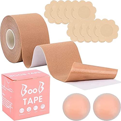 CTDMJ Brust Tape Klebe BH Push Up Boob Tape Set für Klebe BH Große Brust Rückenfrei BH Bruststraffung Band Mit 5 Paar Breast Boob Tape & 1 Paar Wiederverwendbarem Silikon für Körbchengrößen A-G