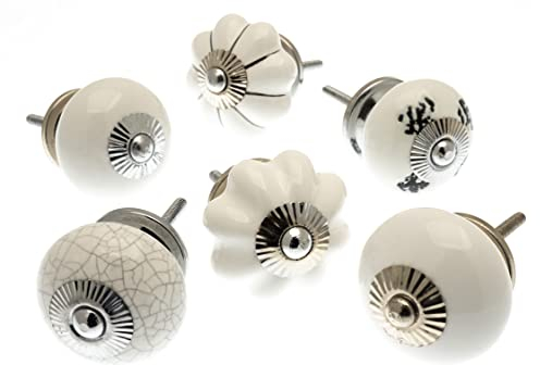 Mango Tree Cupboard Knobs - Decorative Whites and Crackle Finish Round and Flower Shaped Ceramic Door and Drawer Handles – Vintage Home Décor Set of 6