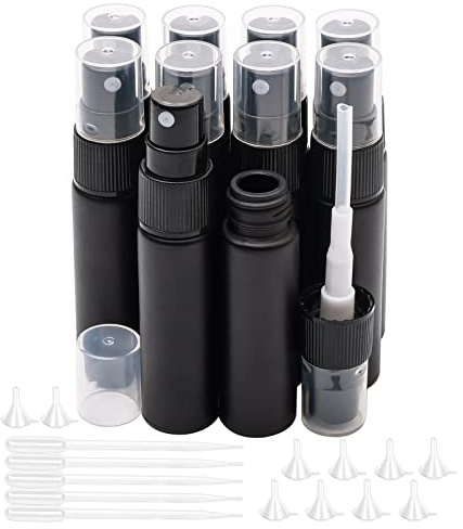 Unxuey 10 Stück 10 ml reine schwarze Parfüm-Sprühflaschen, lichtdichter Spender, Reisegröße, nachfüllbarer Probenbehälter für verschiedene Flüssigkeiten auf Wasserbasis mit 10 Trichtern + 5 Pipetten
