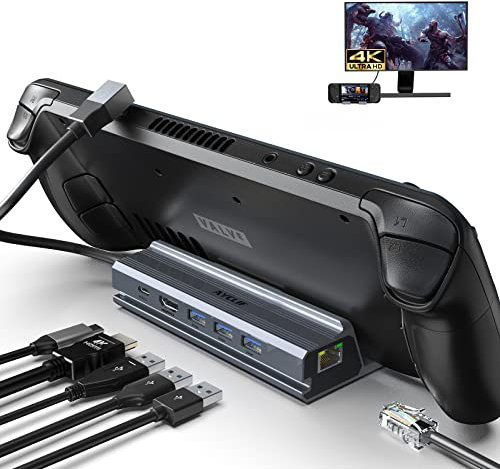 AYCLIF 6 in 1 Steam Deck-Dockingstation, Steam Deck Dock mit HDMI 4K@60Hz, 3*USB 3.0, 1Gbps Ethernet, 100W PD -Ladung, Valve Steam Deck Stand und Zubehör für Telefon, Tablet, Laptop