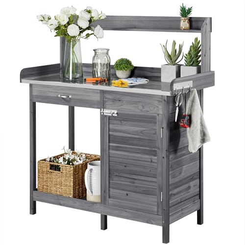 Yaheetech Tavolo Lavoro da Giardino per Piante in Legno con Ripiano in Metallo Spazioso Cassetto e Armadietto Banco per Giardinaggio 112 x 46,5 x 125 cm Grigio