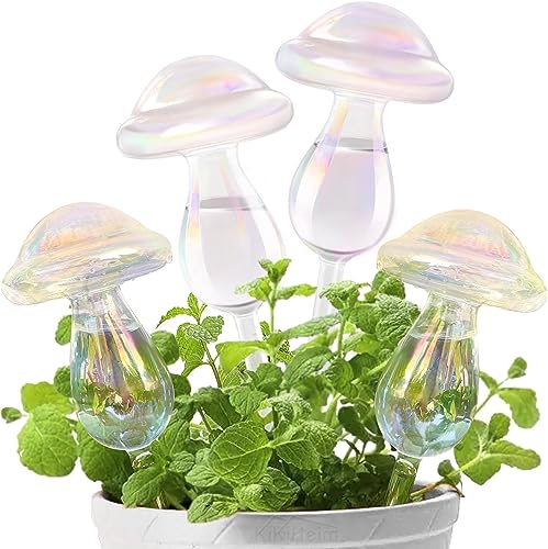 E-feilai - Glas Bewässerungsspieß, 4-teilige Bunte Bewässerungskugeln für Pflanzen,Blumen Gießpilze, Wassertropfen Pilz Selbstbewässernde Glühbirnen für Zimmerpflanzen, Garten und Balkon.