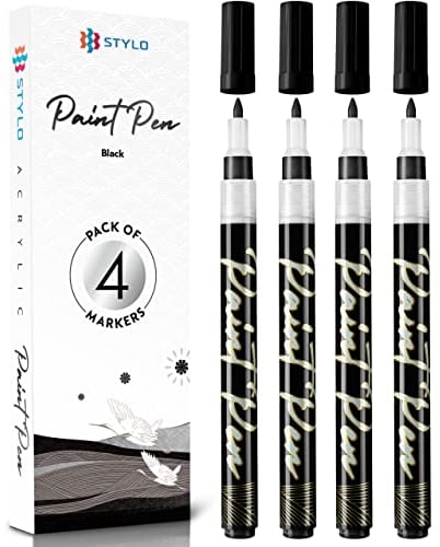 Stylo Metallic Acrylic Paint Pens - Black (Pack of 4) Permanent Acrylic Markers for Christmas Cards, Glass, Ceramic, Rock Painting, Ideal for Arts and Crafts