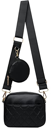 EINYNIUER 100% Leder Crossbody Bag Damen Breiter Gurt Handtasche Damen Umhängetasche Klein Schwarze Moderne Schultertasche mit Münze Geldbörse Crossbody Tasche für