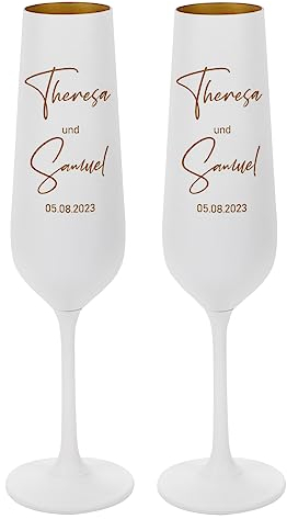 Herz & Heim® Weiße Sektgläser mit Gravur zur Hochzeit Set/Hochzeitsgeschenk personalisiert mit Namen Modern
