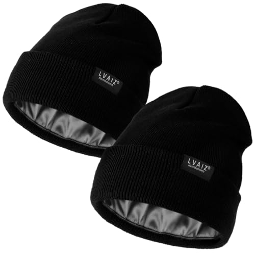 Lvaiz Hats 2 Stück Satin gefütterte Beanie-Mützen für Herren und Damen, Winter, warm, gestrickt, mit Seide gefüttert, lässiger Totenkopf-Kappe, schwarz/schwarz, Einheitsgre