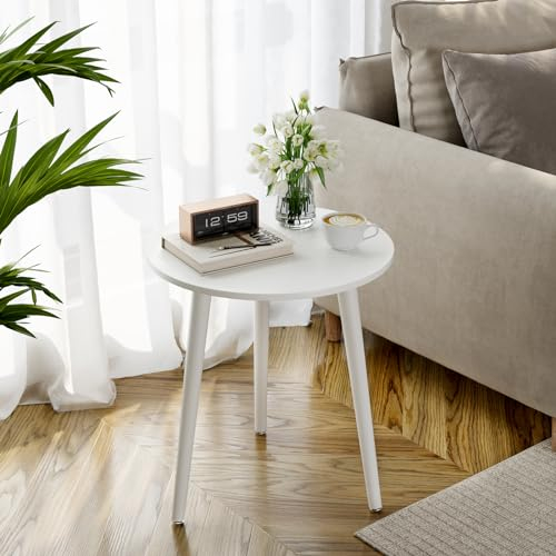 APICIZON Beistelltisch, Couchtisch rund Ø 42 cm, Höhe 51 cm, Sofatisch mit Beinen aus Massivholz, Skandinavischer Stil, Nachtisch Beistelltisch Holz für Wohnzimmer, Schlafzimmer, Weiß
