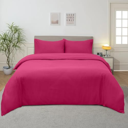 Imperial Rooms Single Duvet Cover Set Brushed Microfiber Plain Bedding Set – Button Closure Ultra Soft 2 PCs Quilt Cover with Pillow Case (135 x 200 Cm) - Pink