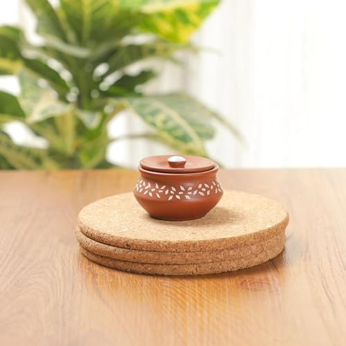 Desi Favors Small Floral Serving Handi(110 ml) | Ceramic Serving Bowl with Lid, Handmade Indian Pottery Handi, Curd Pot, Pooja Return Gift, Indian Housewarming Return Gift, Clay Earthen Pot
