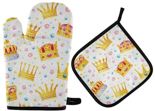 Corone dorate Guanti da forno Set presine Viola Decorazione da cucina in muratura Guanti da cucina Resistente al calore Cuscinetti caldi riciclati per barbecue Cottura alla griglia