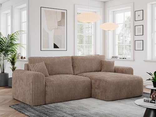 MKS MEBLE Cord Sofa L-Form, Ecksofa mit Schlaffunktion, Wohnlandschaft L-Form mit Kissen, Couch L-Form - Nelson - Braun Cord