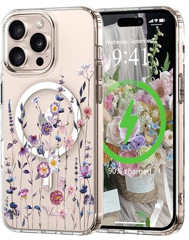 L-FADNUT Magnetic for iPhone 14 Pro Case, Compatible with Magsafe Floral Pattern Design, Clear Girly Flower Cover Slim Bumper Shockproof Protective Phone Case for iPhone 14 Pro Multicolor