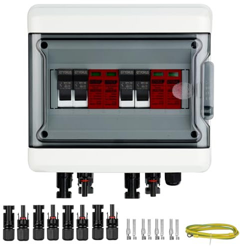 GTYORUS Scatola di Giunzione Solare Fotovoltaica, IP65 Scatola di Fusibili 2P DC 1000V 32A con Protezione Dalle Sovratensioni, 2 Stringhe di 9 Moduli (2 in 2 uscita)