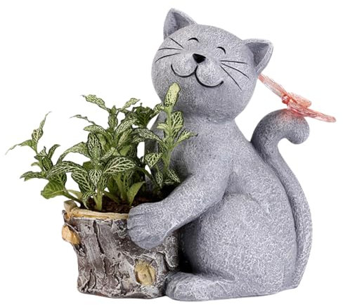 Kexpery solarbetriebener dekorativer Tier-Pflanzgefäß, kreative Katzen-Schmetterlings-Pflanzgefäß-Statue mit Licht, Desktop-Katzen-Blumentopf, Hofdekoration