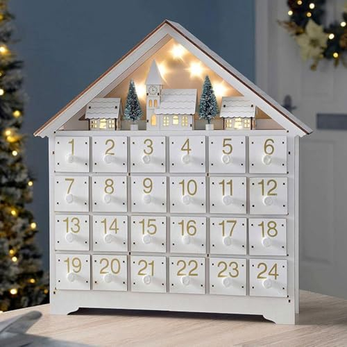 LED Weihnachten Adventskalender mit 24 Aufbewahrungsschubladen, 24 Tage Holz Adventskalender mit Weihnachtsbaum Haus Deko Beleuchteter Adventskalender Countdown Kalender 2024