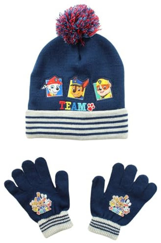 Paw Patrol Baby Jungen Beanie Mütze und Handschuhe Set Warme Kinder Wintermütze Chase Marshall Rubble Mütze Set für Kinder Gr. 52 54 (Blau, 52)