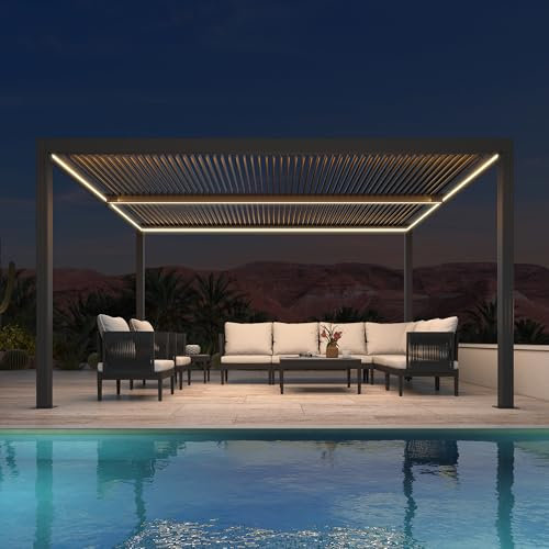 PURPLE LEAF Pavillon 3 x 4.25 m Lamellenpergola mit LED Lichtleiste Wasserdicht Stabil Winterfest Alu Pergola mit Verstellbaren Aluminium-Lamellen für Gartren, Grau